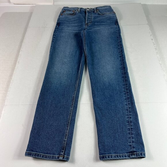 Re/Done Jean Women 25x26* 70s Stove Pipe High Rise Skinny Crop Blue Denim Tag 25 - Picture 1 of 16